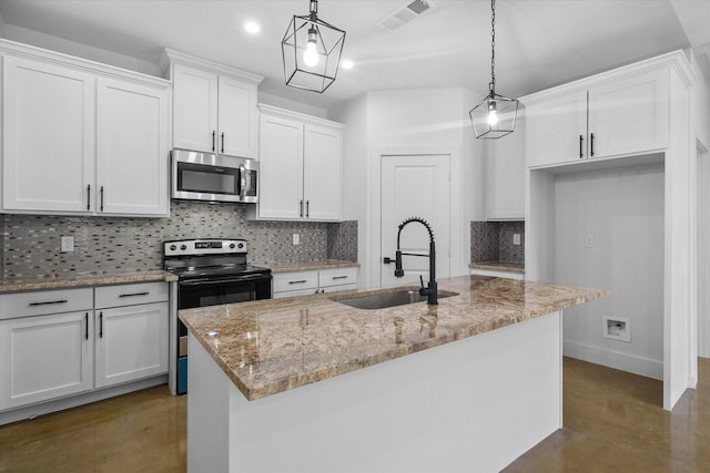 kitchen featuring stainless steel microwave, a sink, range with electric stovetop, white cabinetry, and backsplash