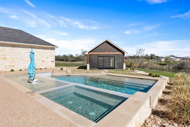 10072 Blanco Springs Rd, Temple, TX 76528 - view of swimming pool featuring a storage structure, an outbuilding, fence, a patio, and a pool with connected hot tub