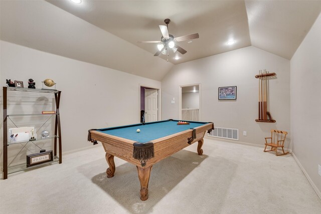 recreation room with vaulted ceiling, light colored carpet, ceiling fan, billiards table, and baseboards