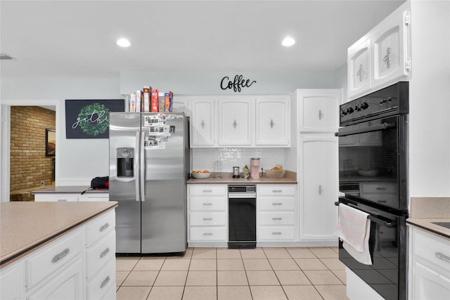 3205 Glasgow Ter, Arlington, TX 76015 - kitchen with stainless steel fridge, white cabinets, light tile patterned floors, recessed lighting, and light countertops