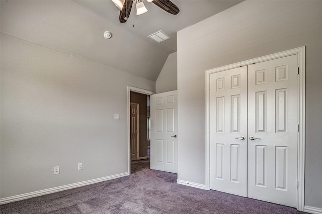 14015 Steadman Dr, Frisco, TX 75035 - unfurnished bedroom featuring carpet floors, lofted ceiling, a closet, baseboards, and a ceiling fan