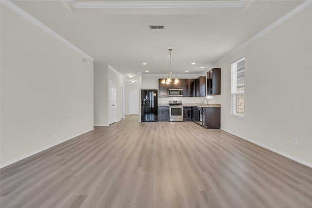 1321 Rivers Creek Ln, Little Elm, TX 75068 - unfurnished living room with a chandelier, light wood finished floors, ornamental molding, baseboards, and recessed lighting