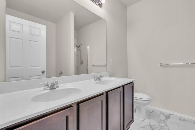 1321 Rivers Creek Ln, Little Elm, TX 75068 - bathroom with toilet, a shower, marble look tiles, double vanity, and baseboards