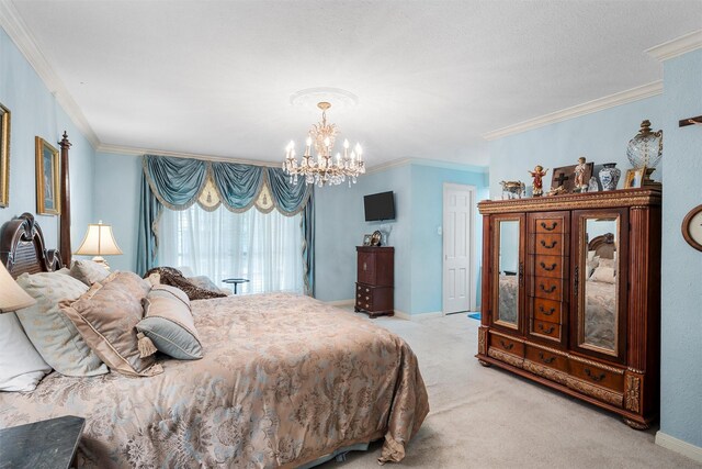bedroom with a chandelier, light carpet, and crown molding
