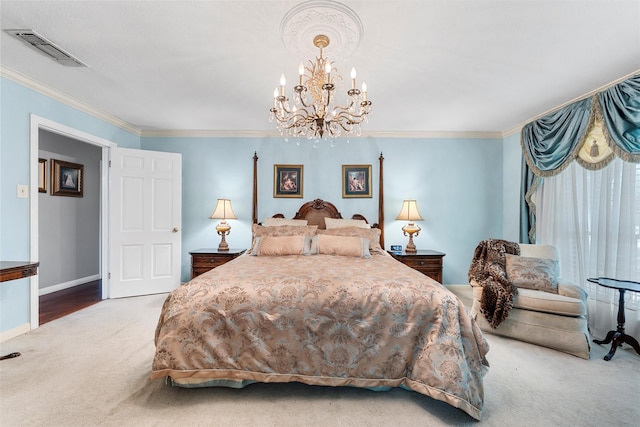 carpeted bedroom featuring a chandelier, crown molding, and baseboards