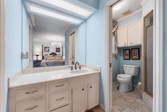 full bath with connected bathroom, a chandelier, ornamental molding, toilet, and tile patterned flooring
