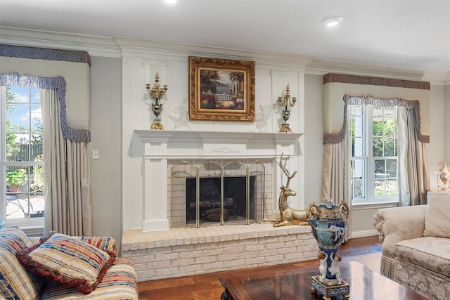 living area featuring crown molding, wood finished floors, plenty of natural light, and baseboards