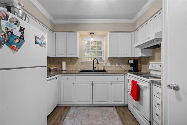 5036 Lake Shore Dr, Waco, TX 76710 - kitchen featuring white appliances, a sink, under cabinet range hood, white cabinets, and crown molding