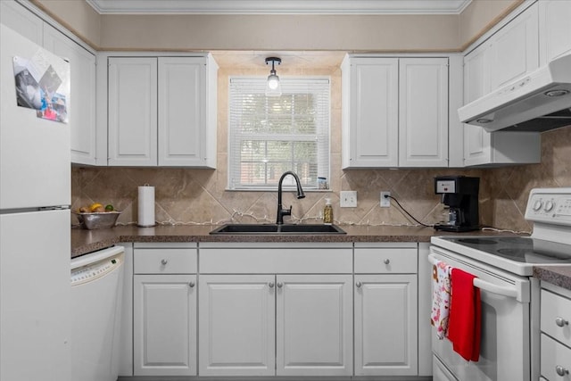 5036 Lake Shore Dr, Waco, TX 76710 - kitchen with white appliances, a sink, under cabinet range hood, white cabinets, and crown molding