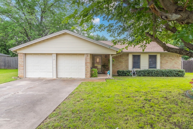 ranch-style home with brick siding, concrete driveway, an attached garage, and roof with shingles