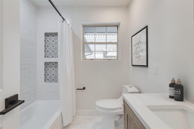 7319 Rutgers Dr, Dallas, TX 75214 - full bathroom with toilet, vanity, tile patterned floors, shower / bathtub combination with curtain, and baseboards