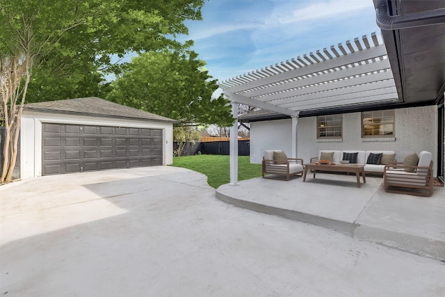 7319 Rutgers Dr, Dallas, TX 75214 - view of patio featuring an outdoor living space, a detached garage, an outdoor structure, and a pergola