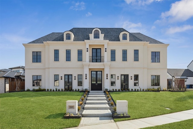 view of front of house with french doors, a front lawn, stucco siding, and a shingled roof