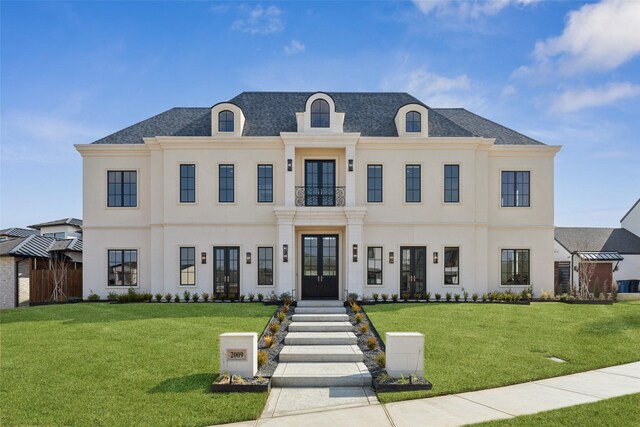 2009 Wheeler Dr, Southlake, TX 76092 - view of front of property with french doors, a front lawn, stucco siding, and a shingled roof