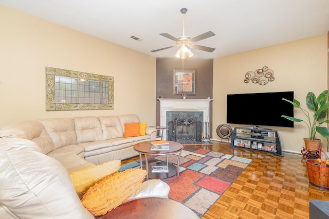 5509 Allen Ln, Rowlett, TX 75088 - living room featuring a ceiling fan and a high end fireplace