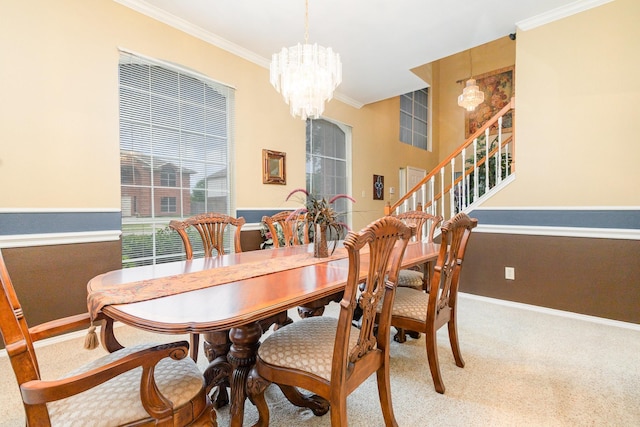 5509 Allen Ln, Rowlett, TX 75088 - dining room featuring ornamental molding, carpet, a chandelier, baseboards, and stairway