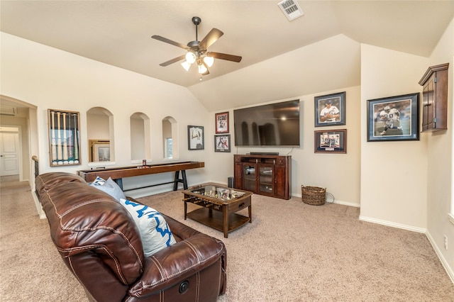 1519 Eminence Ln, Saint Paul, TX 75098 - living room featuring carpet, a ceiling fan, vaulted ceiling, baseboards, and arched walkways