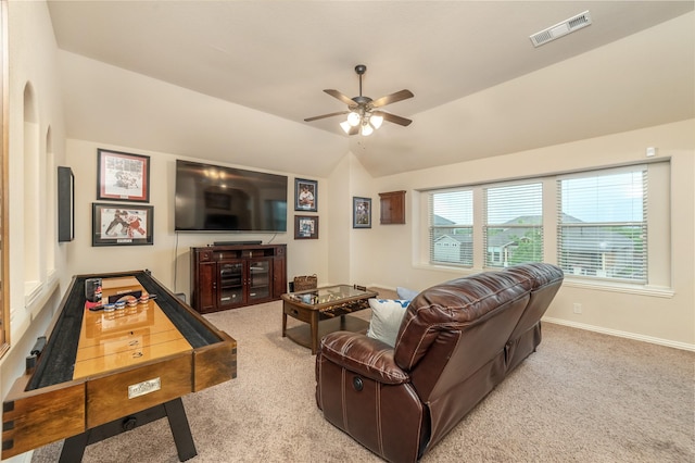 1519 Eminence Ln, Saint Paul, TX 75098 - carpeted living room featuring ceiling fan, vaulted ceiling, and baseboards