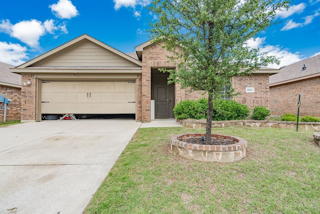 ranch-style home featuring brick siding, concrete driveway, an attached garage, and a front yard