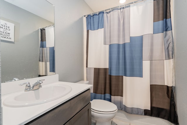 bathroom featuring toilet, vanity, and shower / bathtub combination with curtain