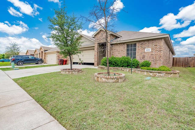 ranch-style house featuring driveway, an attached garage, and brick siding