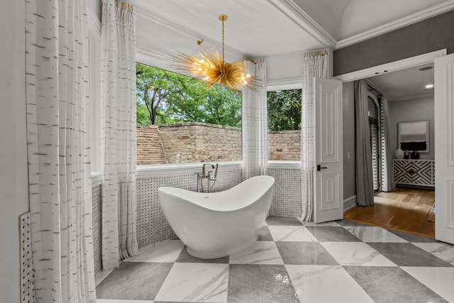 1100 La Paloma Ct, Southlake, TX 76092 - bathroom with healthy amount of natural light, a freestanding bath, crown molding, and a chandelier