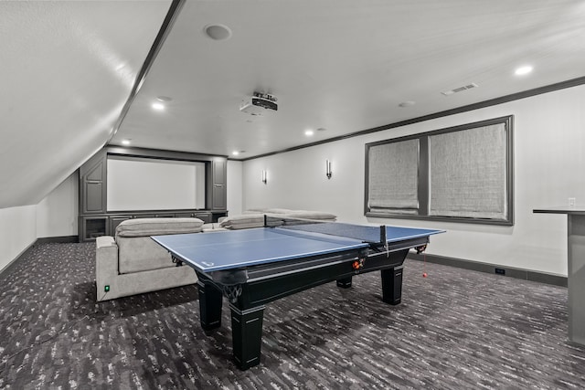 1100 La Paloma Ct, Southlake, TX 76092 - game room featuring vaulted ceiling, recessed lighting, baseboards, and crown molding