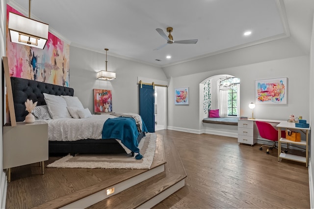 1100 La Paloma Ct, Southlake, TX 76092 - bedroom with crown molding, wood finished floors, a barn door, baseboards, and recessed lighting