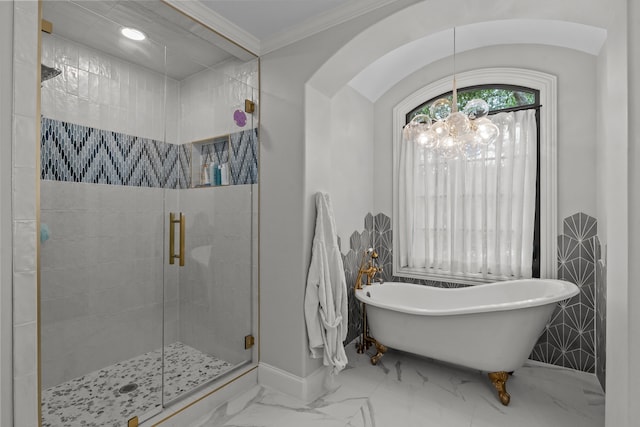1100 La Paloma Ct, Southlake, TX 76092 - full bathroom featuring a freestanding bath, a chandelier, a shower stall, marble finish floors, and baseboards