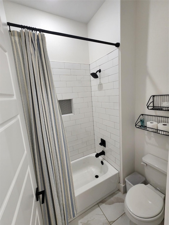 bathroom with toilet, shower / tub combo with curtain, and marble finish flooring