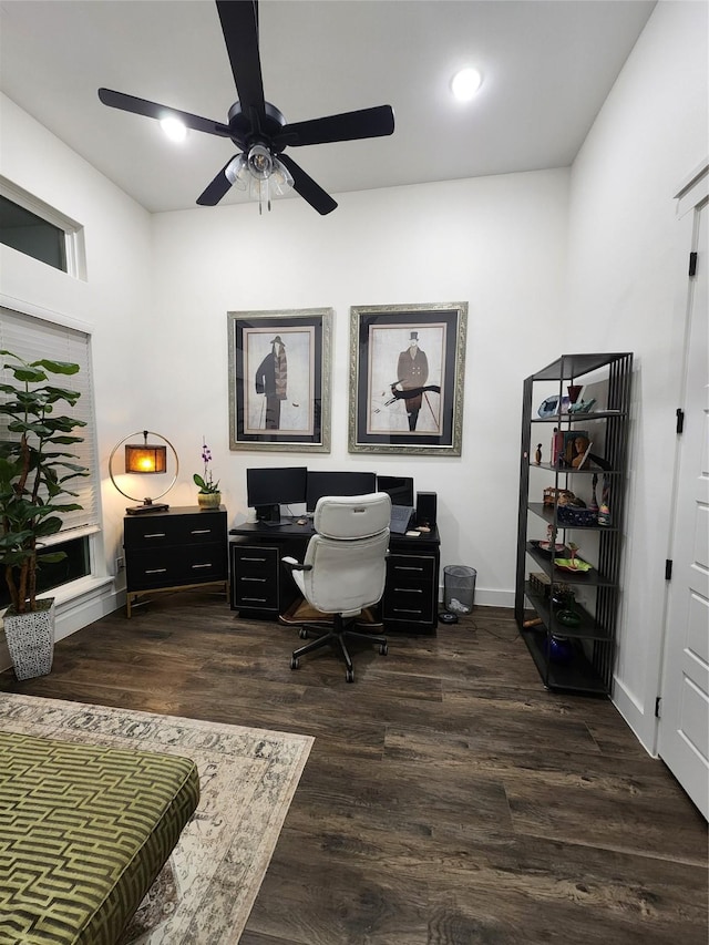 office with ceiling fan, dark wood-style flooring, recessed lighting, and baseboards