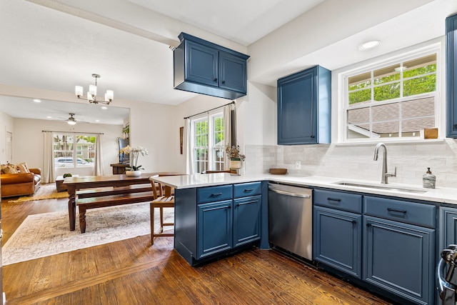 5533 Bonita Ave, Dallas, TX 75206 - kitchen with stainless steel dishwasher, a sink, blue cabinetry, a peninsula, and dark wood-style flooring