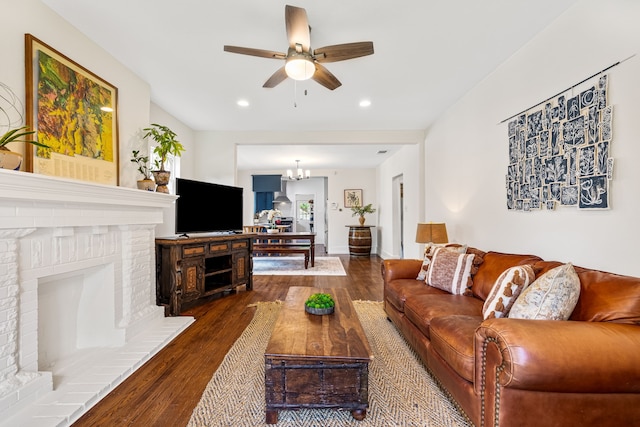 5533 Bonita Ave, Dallas, TX 75206 - living room featuring dark wood finished floors, a ceiling fan, a chandelier, and recessed lighting
