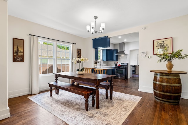 5533 Bonita Ave, Dallas, TX 75206 - dining area with a chandelier, dark wood finished floors, baseboards, and recessed lighting