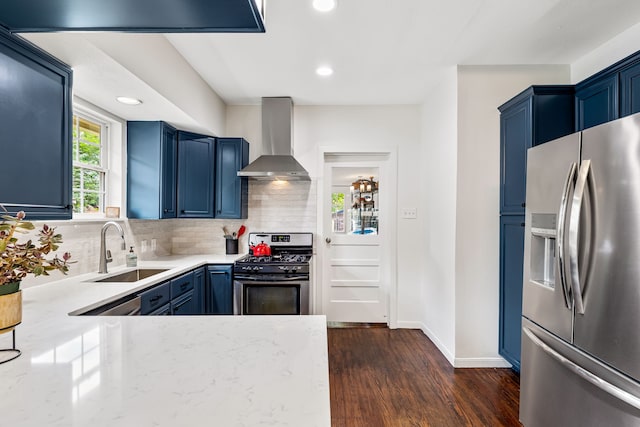 5533 Bonita Ave, Dallas, TX 75206 - kitchen with appliances with stainless steel finishes, blue cabinetry, wall chimney range hood, a sink, and recessed lighting