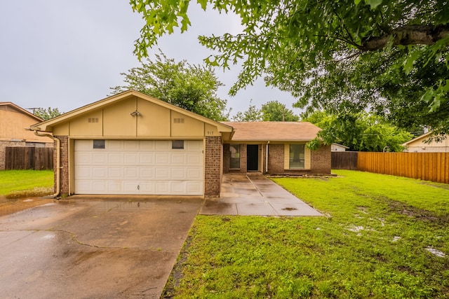 ranch-style house featuring brick siding, concrete driveway, and a garage