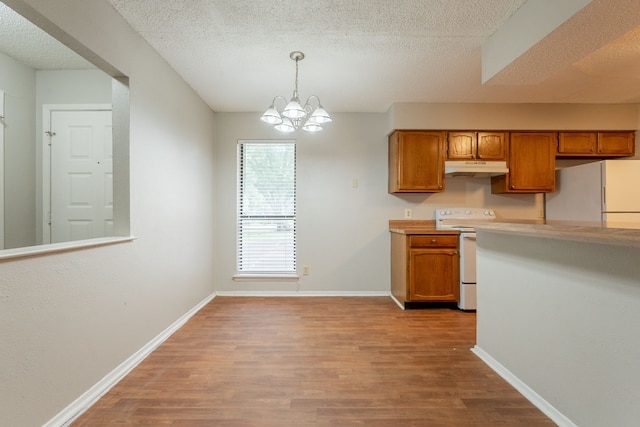 kitchen featuring white appliances, under cabinet range hood, wood finished floors, a textured ceiling, and light countertops