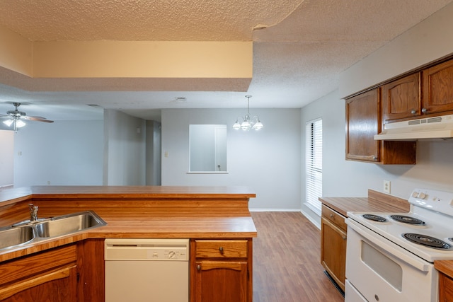 kitchen featuring white appliances, under cabinet range hood, a sink, a textured ceiling, and light wood-type flooring