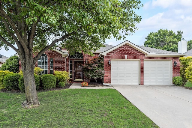 view of front of home featuring brick siding, an attached garage, concrete driveway, a front yard, and a chimney