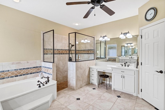 3568 Green Meadows Dr, Glen Rose, TX 76043 - bathroom with a bath, a walk in shower, vanity, a ceiling fan, and tile patterned floors