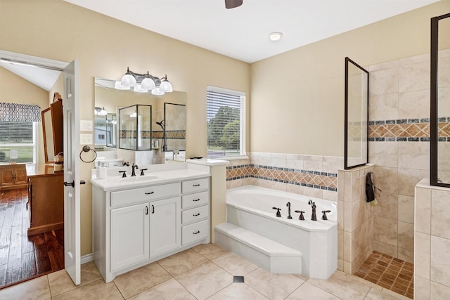 3568 Green Meadows Dr, Glen Rose, TX 76043 - bathroom with a bath, vanity, walk in shower, and tile patterned flooring