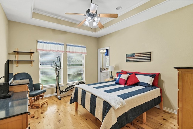 3568 Green Meadows Dr, Glen Rose, TX 76043 - bedroom with a raised ceiling, light wood finished floors, ornamental molding, baseboards, and a ceiling fan