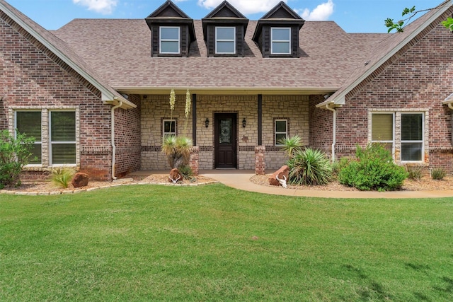3568 Green Meadows Dr, Glen Rose, TX 76043 - view of front facade featuring a front lawn, roof with shingles, a porch, and brick siding