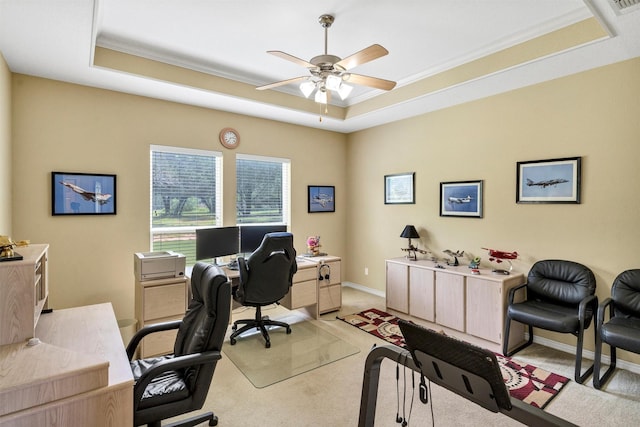 3568 Green Meadows Dr, Glen Rose, TX 76043 - office space featuring a tray ceiling, light colored carpet, a ceiling fan, crown molding, and baseboards