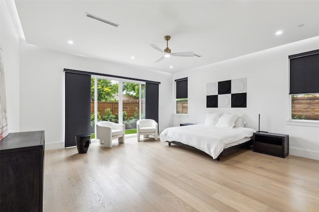 bedroom featuring light wood-style floors, recessed lighting, baseboards, and ceiling fan
