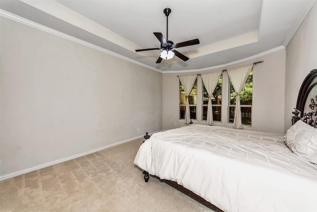5112 Fringetree Dr, Mckinney, TX 75071 - bedroom with carpet, a tray ceiling, baseboards, ornamental molding, and ceiling fan