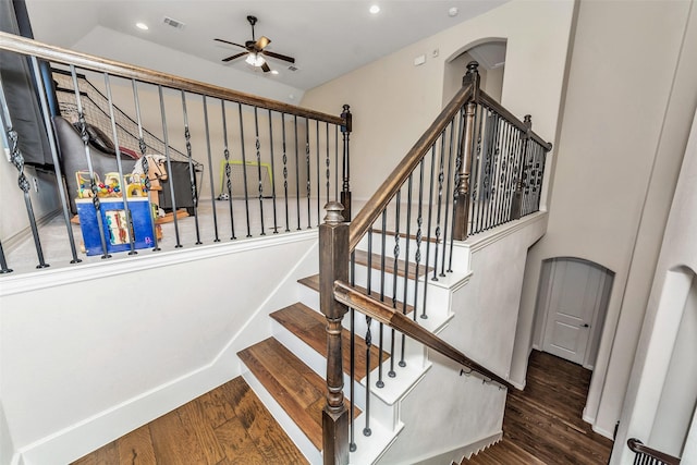 5112 Fringetree Dr, Mckinney, TX 75071 - stairway with wood finished floors, ceiling fan, and recessed lighting