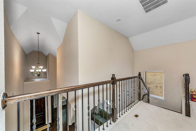 5112 Fringetree Dr, Mckinney, TX 75071 - hall with lofted ceiling, a chandelier, carpet flooring, and an upstairs landing