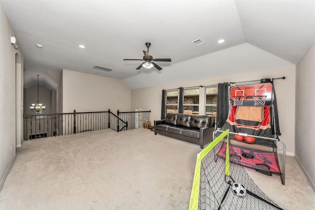 5112 Fringetree Dr, Mckinney, TX 75071 - recreation room with vaulted ceiling, carpet floors, ceiling fan, baseboards, and recessed lighting