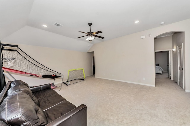 5112 Fringetree Dr, Mckinney, TX 75071 - living area with arched walkways, ceiling fan, light colored carpet, baseboards, and recessed lighting